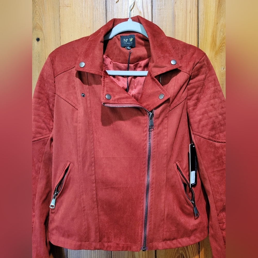 Women's Red Faux Suede Jacket with Quilted Sleeves - Picture 2 of 12